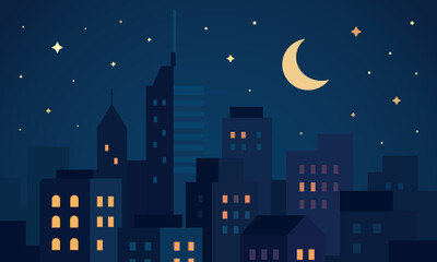 Fototapeta premium Illustration of a night city with tall buildings, glowing windows, a crescent moon, and stars in the sky. Modern urban landscape in flat style, dark blue tones, cozy nighttime atmosphere.