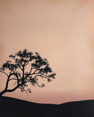 Minimalist nature landscape featuring a dark silhouette of a tree or mountain against a soft pastel gradient sky. Flat or semi-realistic style with a calm, peaceful mood. Created with generated AI