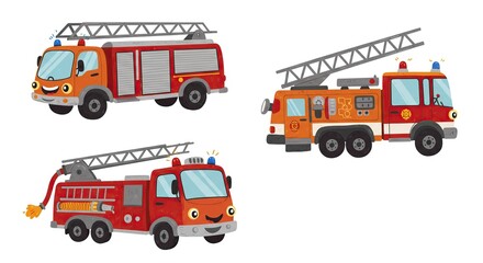 Cute Cartoon Fire Trucks Set Illustration