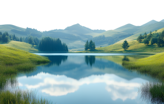 Stunning lake and grassy field, PNG clipart with transparent background