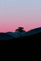 Minimalist nature landscape featuring a dark silhouette of a tree or mountain against a soft pastel gradient sky. Flat or semi-realistic style with a calm, peaceful mood. Created with generated AI