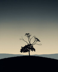 Minimalist nature landscape featuring a dark silhouette of a tree or mountain against a soft pastel gradient sky. Flat or semi-realistic style with a calm, peaceful mood. Created with generated AI