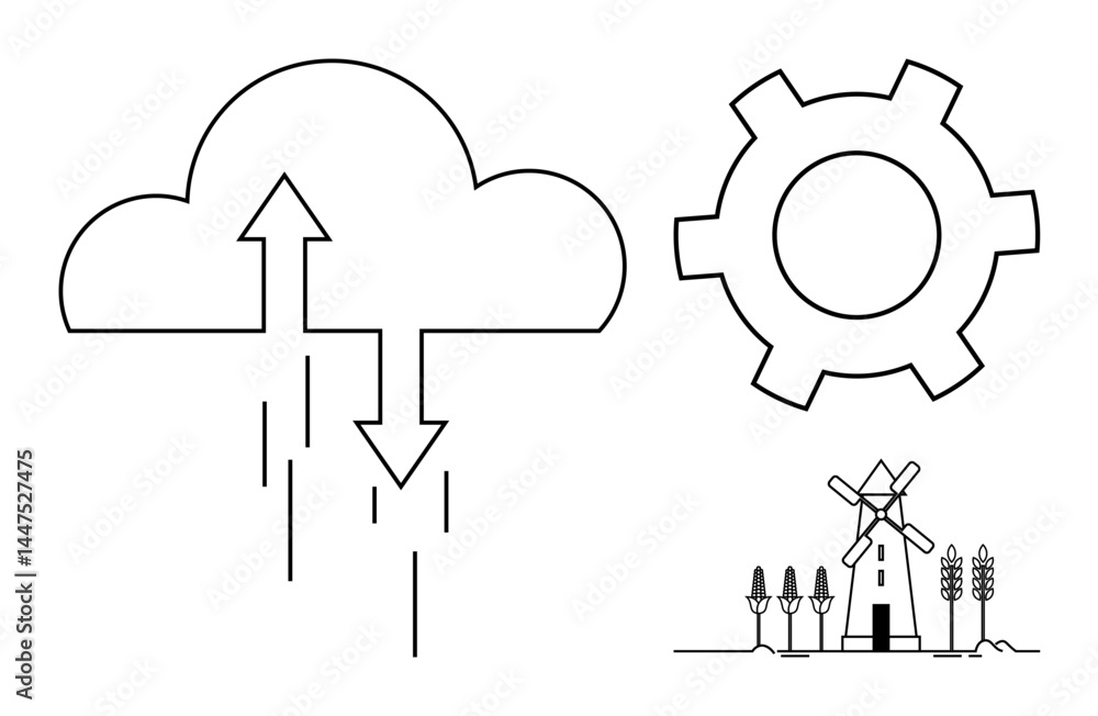 Poster cloud with arrows showing data flow, gear as a mechanism symbol, windmill and trees representing rur