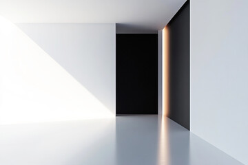 Obraz premium Modern minimalist interior design showcasing a white room with a sleek black corner