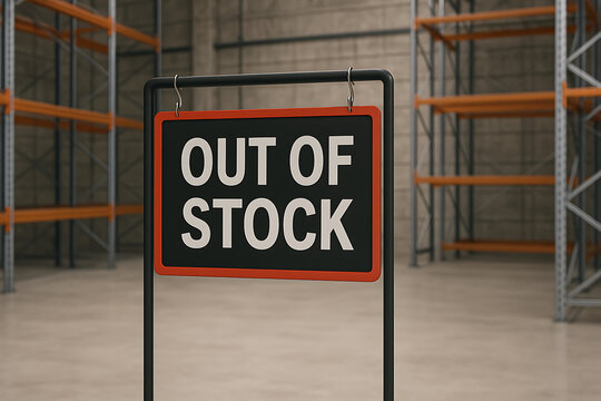Out of stock sign placed in empty warehouse storage area, inventory shortage concept, supply chain disruption, unavailable products, logistics problem, stock management issue

