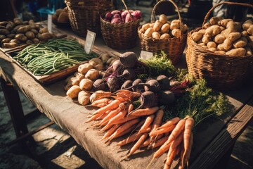Fresh Farm Vegetables: Carrots, Potatoes, Beets, and Green Beans at Farmers Market Display