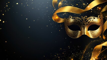 Festive ribbons unfurling around a metallic gold mask with sparkles on black