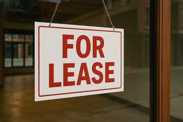For lease sign hanging on glass window of empty commercial space, property rental availability concept, retail or office space real estate listing, business leasing opportunity

