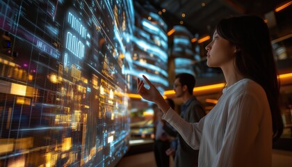 Woman Interacting with Futuristic Digital Interface Display