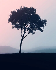 Minimalist nature landscape featuring a dark silhouette of a tree or mountain against a soft pastel gradient sky. Flat or semi-realistic style with a calm, peaceful mood. Created with generated AI