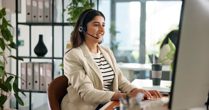 Consultant, woman and customer service in office with computer, communication and online consulting. Typing, advice or call center for CRM contact support, discussion or sales agent with business