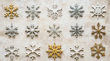 Variety of vintage-style snowflakes laid out in rows on a faded beige paper background