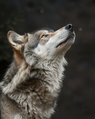 Stunning portrait of an adult wolf against a dark background, highlighting its majestic features