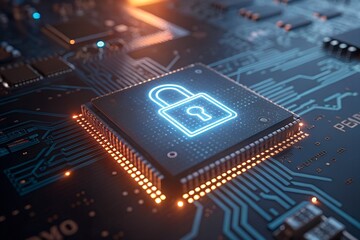 Cybersecurity Concept – Digital Lock on Microchip Circuit Board