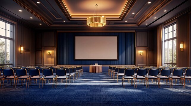 Elegant ballroom, conference setup, presentation screen, morning sun