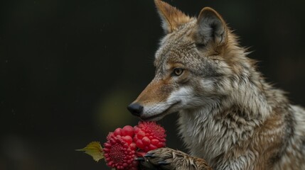 Obraz premium Majestic adult wolf portrait against a dark background showcasing its wild beauty and strength