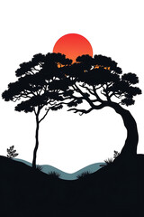 Minimalist nature landscape featuring a dark silhouette of a tree or mountain against a soft pastel gradient sky. Flat or semi-realistic style with a calm, peaceful mood. Created with generated AI