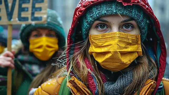 Empowered protest, Young activists advocate for social justice, wearing masks in the winter of social change and political awareness
