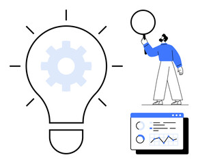 Gear inside lightbulb symbolizes innovation, man holds magnifying glass for exploration, screen shows data insights. Ideal for creativity, research, analysis, problem-solving, solutions, startup