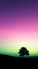 Minimalist nature landscape featuring a dark silhouette of a tree or mountain against a soft pastel gradient sky. Flat or semi-realistic style with a calm, peaceful mood. Created with generated AI