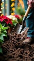 Person is digging in the dirt with a shovel. The dirt is brown