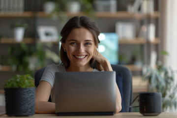 A successful businesswoman effortlessly connects with her coworker through a seamless video call, embracing convenience and comfort of working remotely from her cozy home environment    
