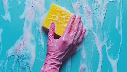 Hands in pink gloves clean a surface with a yellow sponge and soapy water