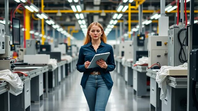 Focused female supervisor walks with clipboard in advanced manufacturing facility