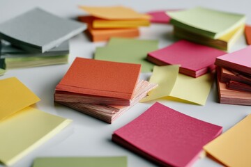 Fototapeta premium Stacks of colorful sticky notes scattered on a white surface.