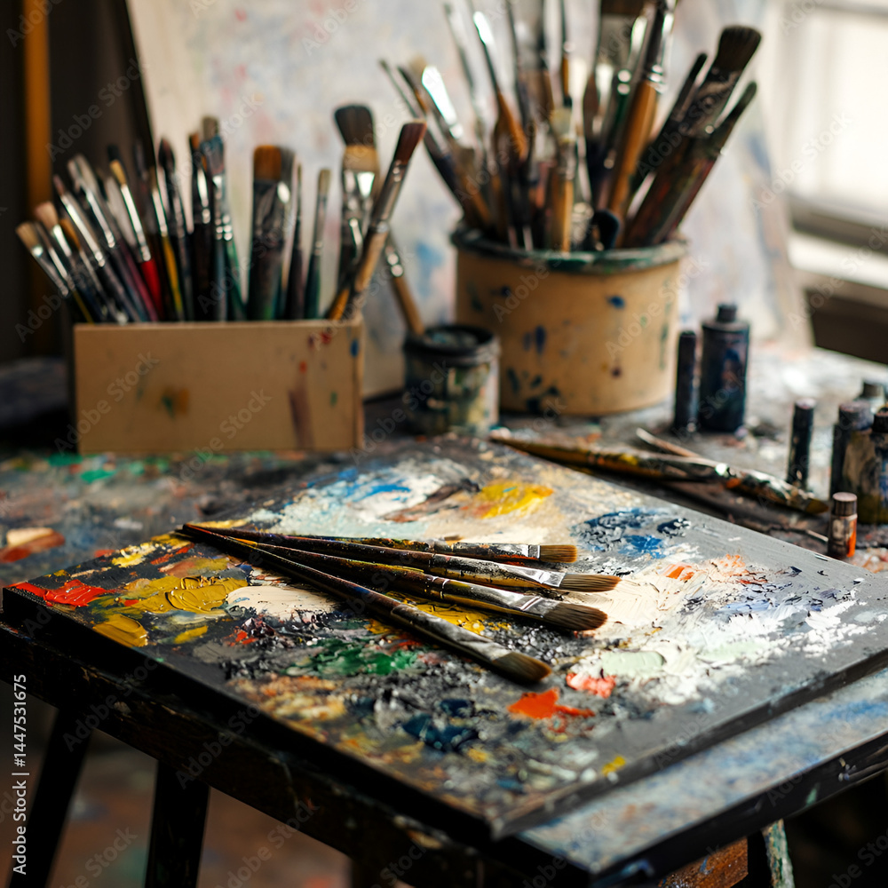 Poster creating colorful art artist station canvas surface studio environment close-up view paint tools exp