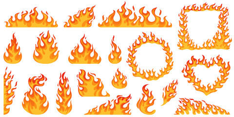Set of burning fire, flame, blaze. Flame frame. Vector illustrations isolated on white background