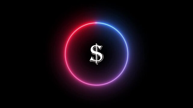 Glowing neon dollar sign animation, Glowing neon dollar sign, golden light, circular frame, dark background, futuristic, financial symbol, digital currency, wealth icon. 