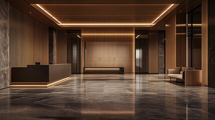 Luxurious hotel lobby, marble floor, wood paneling, evening lighting, calm atmosphere, ideal for travel brochures
