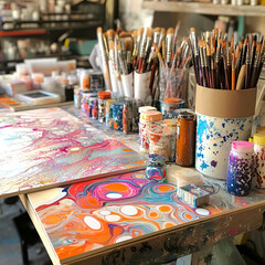 Fototapeta premium Create beautiful art art desk paper marbling supplies creative space overhead view artistic expression