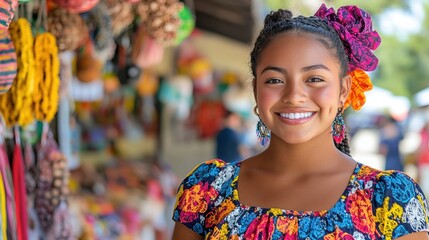 Fototapeta premium Portrait of a young Latin American woman wearing a bright floral dress, standing outside in a busy marketplace.
