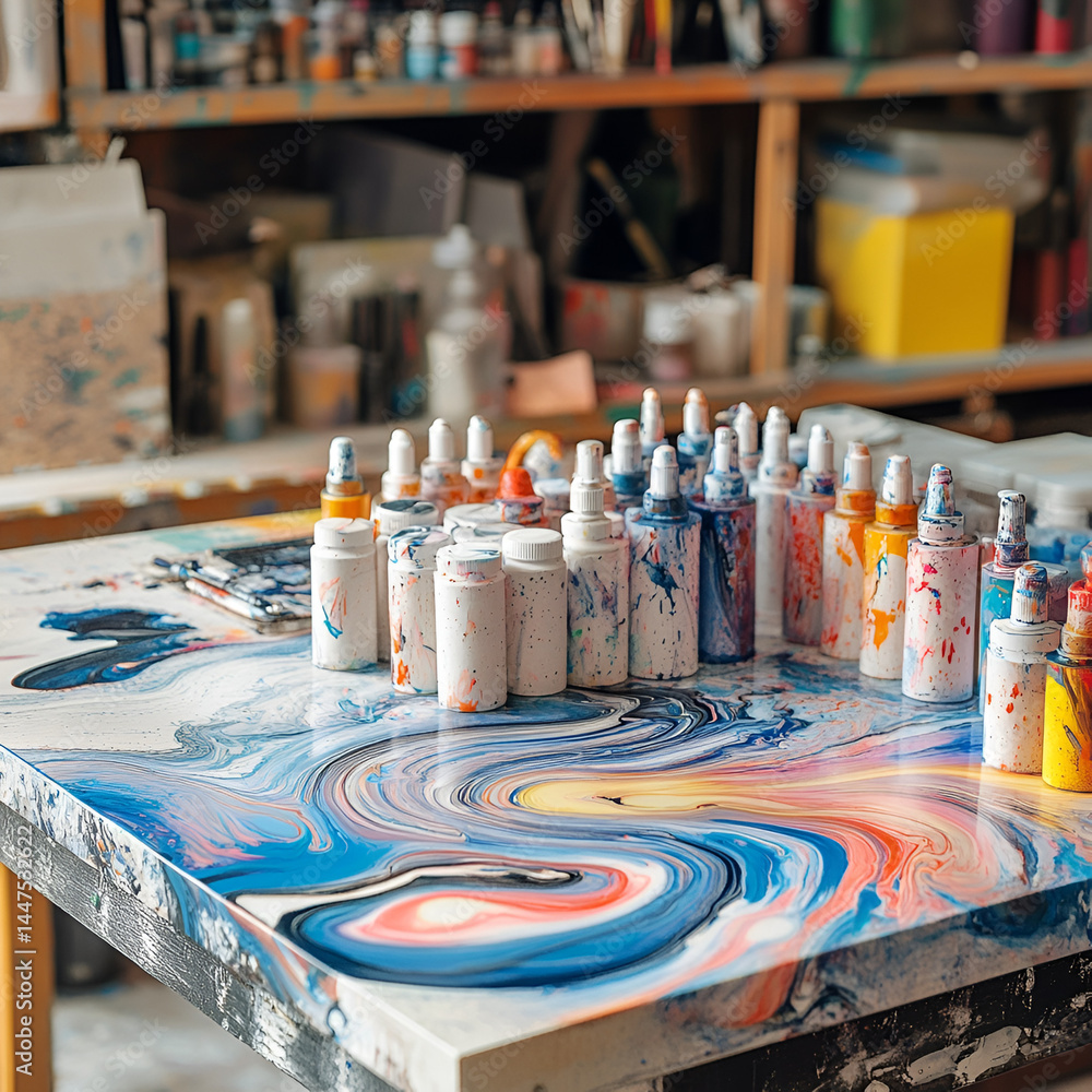 Poster creating unique patterns with aofthanit paper marbling tools at art table station