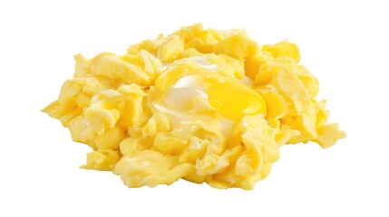 A plate of delicious scrambled eggs presented in an isolated manner on a pure white background. The soft and fluffy texture of the scrambled eggs makes them extremely appealing, and this image is suit