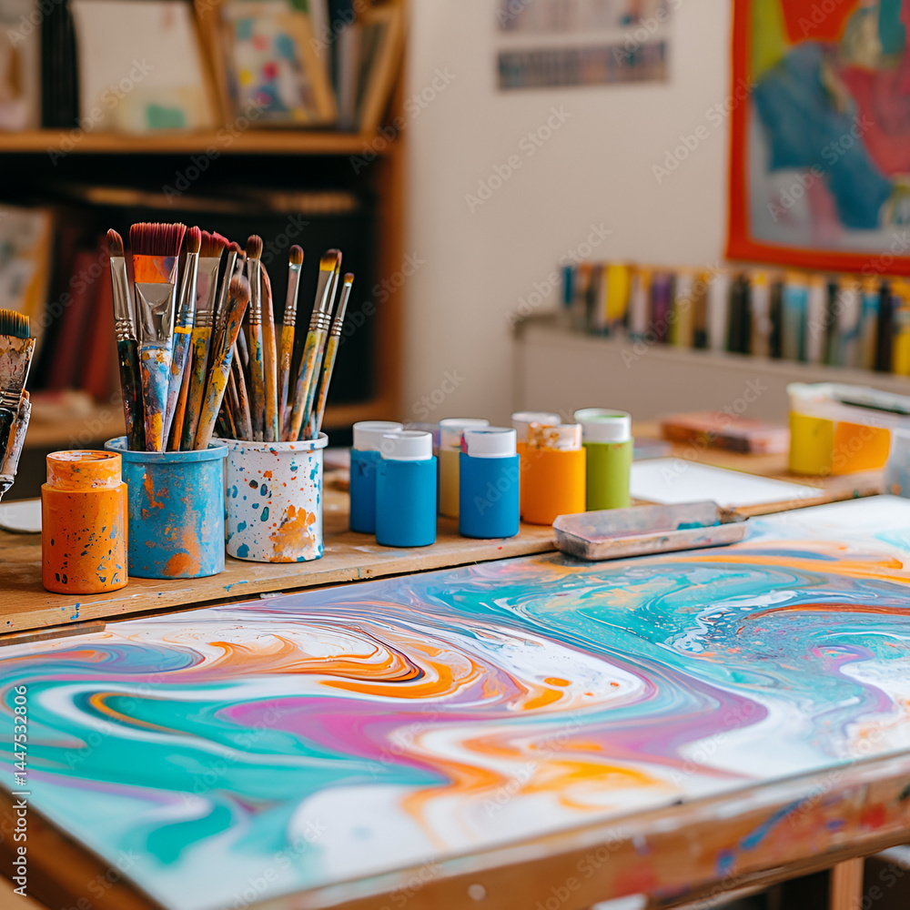 Poster creating stunning patterns with aofthanit paper marbling tools at an art table station