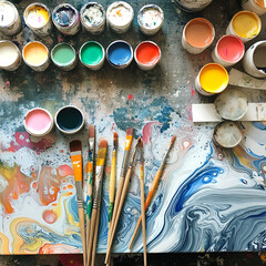 Fototapeta premium Create unique art with aofthanit paper marbling tools at craft surface art station