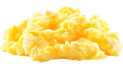 A plate of delicious scrambled eggs presented in an isolated manner on a pure white background. The soft and fluffy texture of the scrambled eggs makes them extremely appealing, and this image is suit