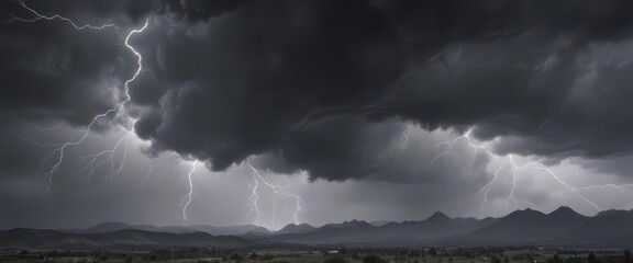 Heavy, bruised grey clouds roiling, jagged lightning flashes ,  stormy weather,  tempest