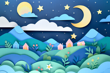 ペーパークラフトの可愛い夜の家々と月