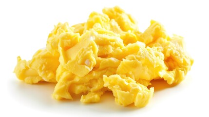 A plate of delicious scrambled eggs presented in an isolated manner on a pure white background. The soft and fluffy texture of the scrambled eggs makes them extremely appealing, and this image is suit
