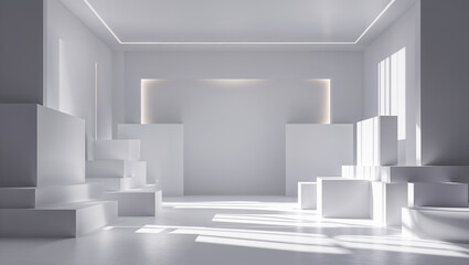 Minimalist white room interior design with geometric forms and sunlight