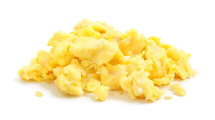A plate of delicious scrambled eggs presented in an isolated manner on a pure white background. The soft and fluffy texture of the scrambled eggs makes them extremely appealing, and this image is suit