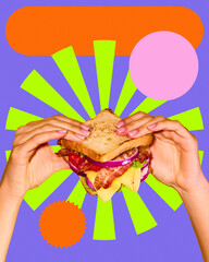 Two hands holding layered sandwich with bacon, cheese, tomato over colorful pop art background in purple orange and green. Concept of food, pop art, poster, ads. Contemporary art collage.