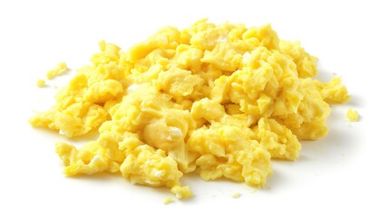 A plate of delicious scrambled eggs presented in an isolated manner on a pure white background. The soft and fluffy texture of the scrambled eggs makes them extremely appealing, and this image is suit