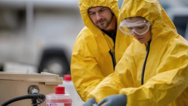Two scientists wearing hazmat suits and safety glasses are carefully handling samples and substances near a container with tubes and bottles