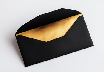 Black envelope with gold lining on white background,