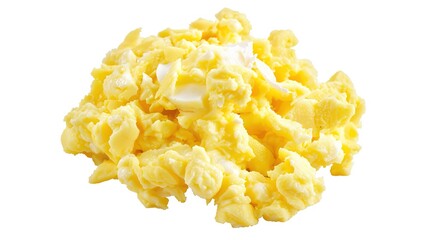 A plate of delicious scrambled eggs presented in an isolated manner on a pure white background. The soft and fluffy texture of the scrambled eggs makes them extremely appealing, and this image is suit